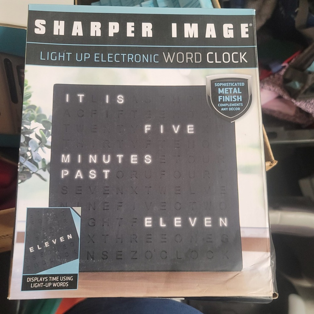 Sharper Image Light Up Electronic Word Clock Black Metal Finish LED USB Powered